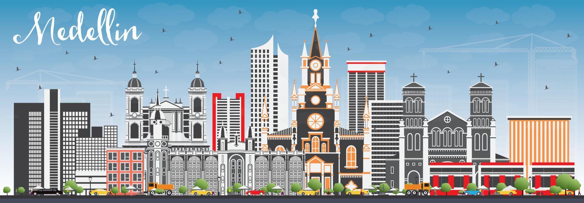 Medellin Skyline with Gray Buildings and Blue Sky. vector