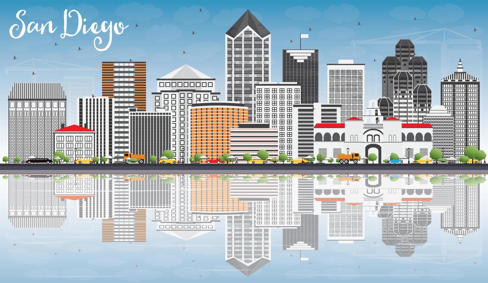 San Diego Skyline with Gray Buildings, Blue Sky and Reflections. vector