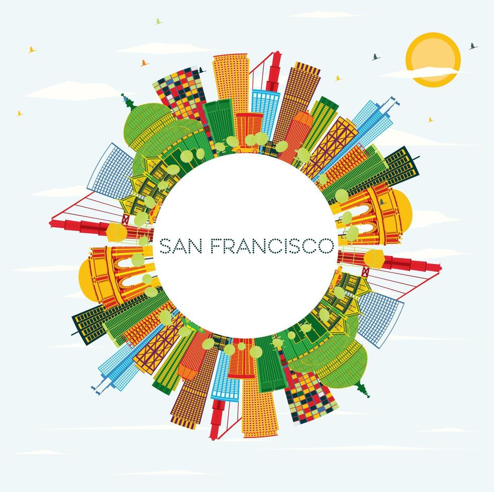 San Francisco Skyline with Color Buildings, Blue Sky and Copy Space. vector