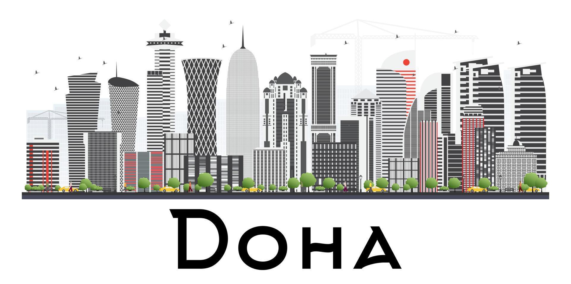 Doha Qatar Skyline with Gray Buildings Isolated on White Background. vector