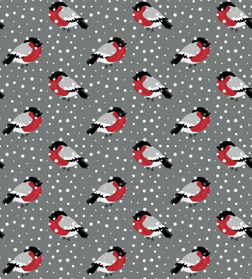 Seamless pattern of bullfinch and snow. vector