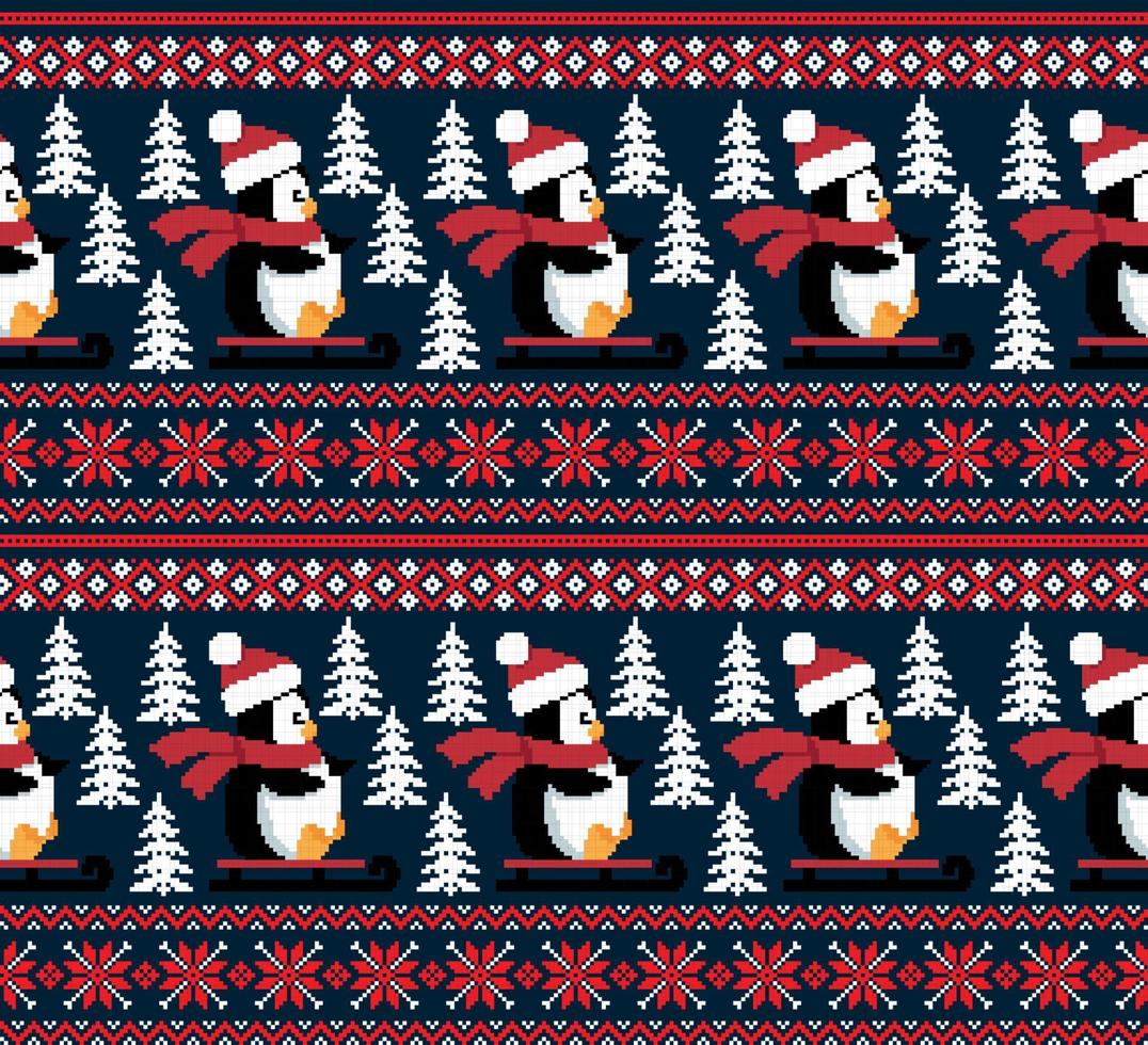 pixel de patrón de navidad de año nuevo en ilustración de vector de pingüinos