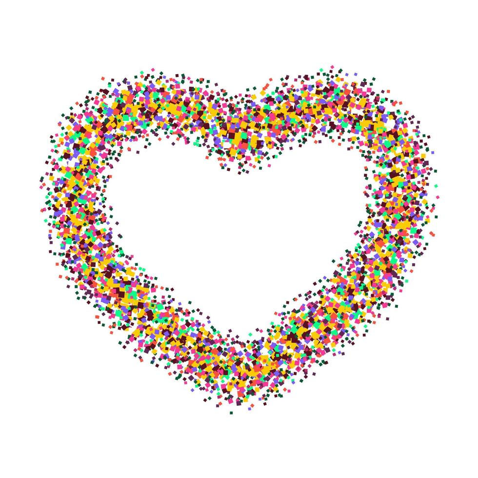 Frame in the shape of a heart made of sparkling confetti on black background. Valentines day card template vector