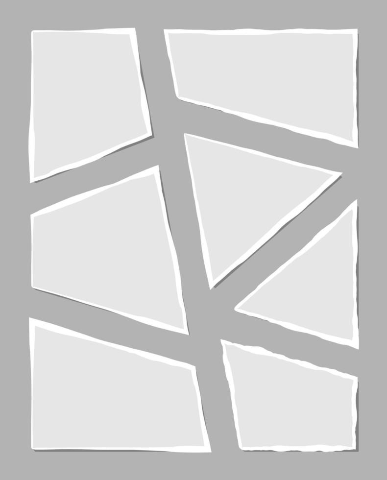 Set of torn white note. Scraps of torn paper of various shapes isolated on gray background. Vector illustration.