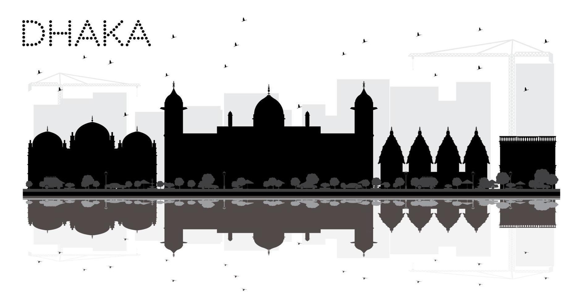 Dhaka City skyline black and white silhouette with reflections. vector