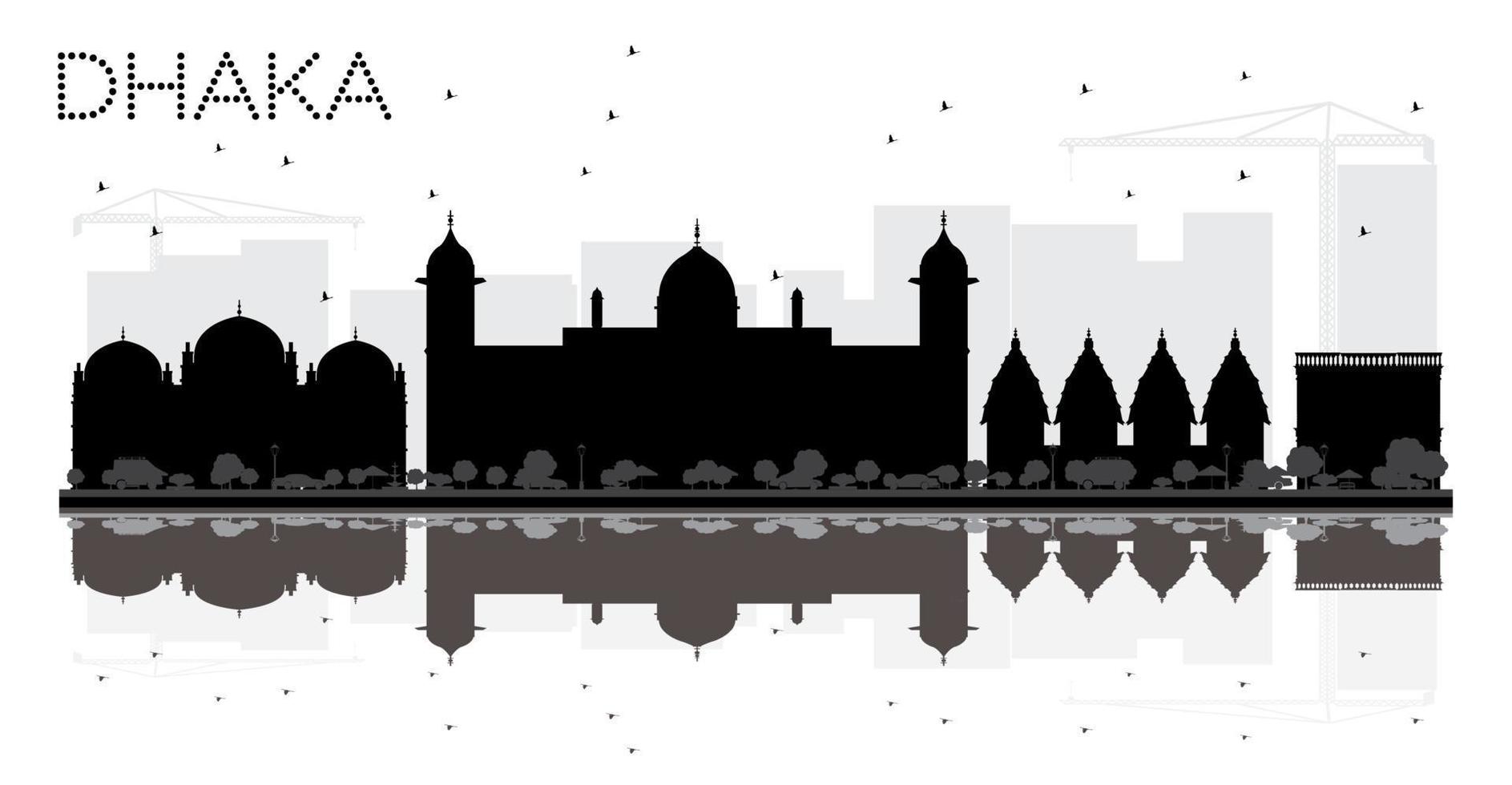 silueta en blanco y negro del horizonte de la ciudad de dhaka con reflejos. vector