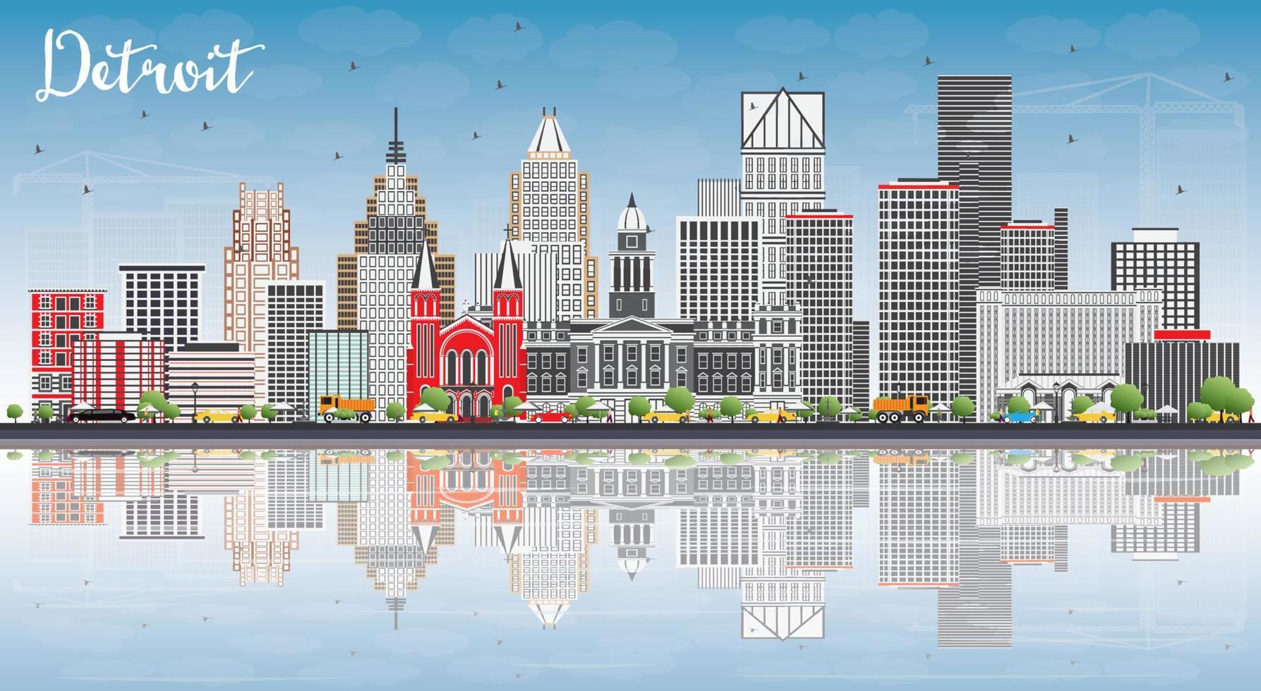 Detroit Skyline with Gray Buildings, Blue Sky and Reflections. vector