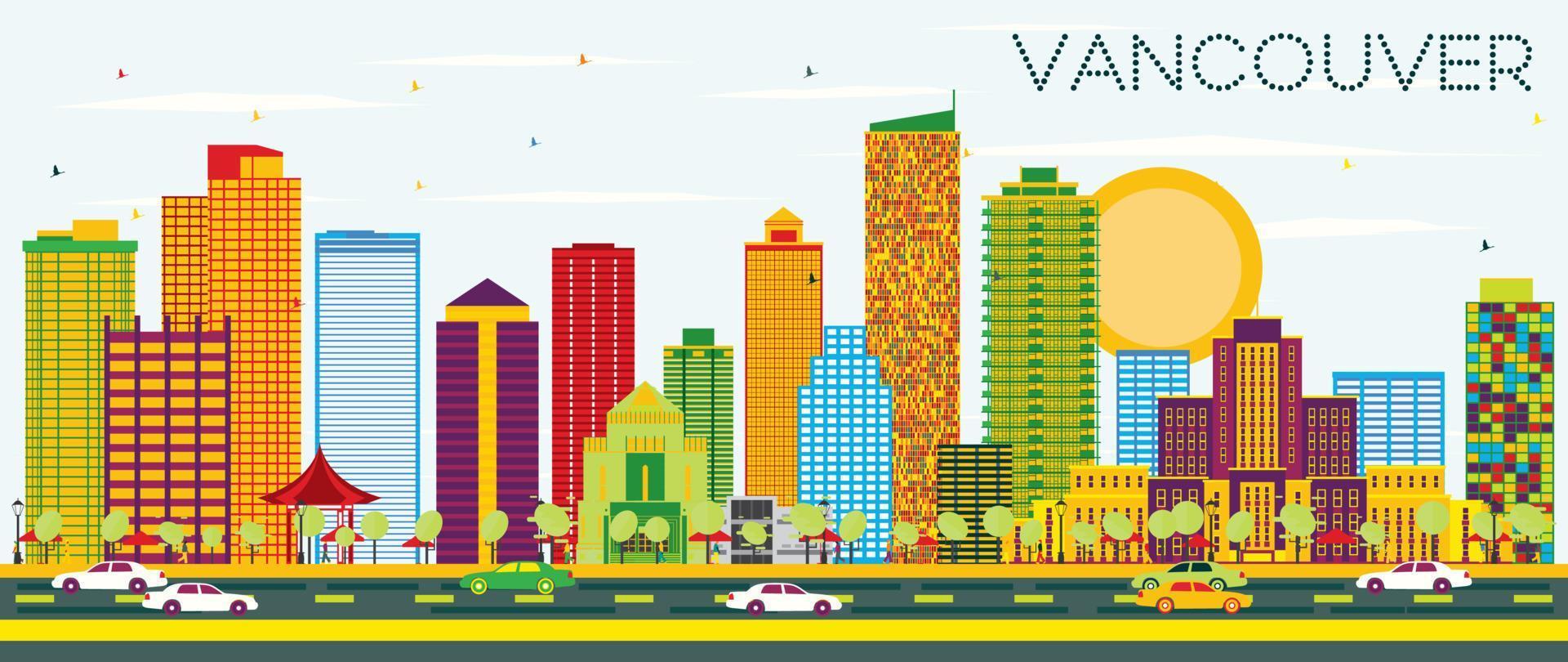 Vancouver Skyline with Color Buildings and Blue Sky. vector