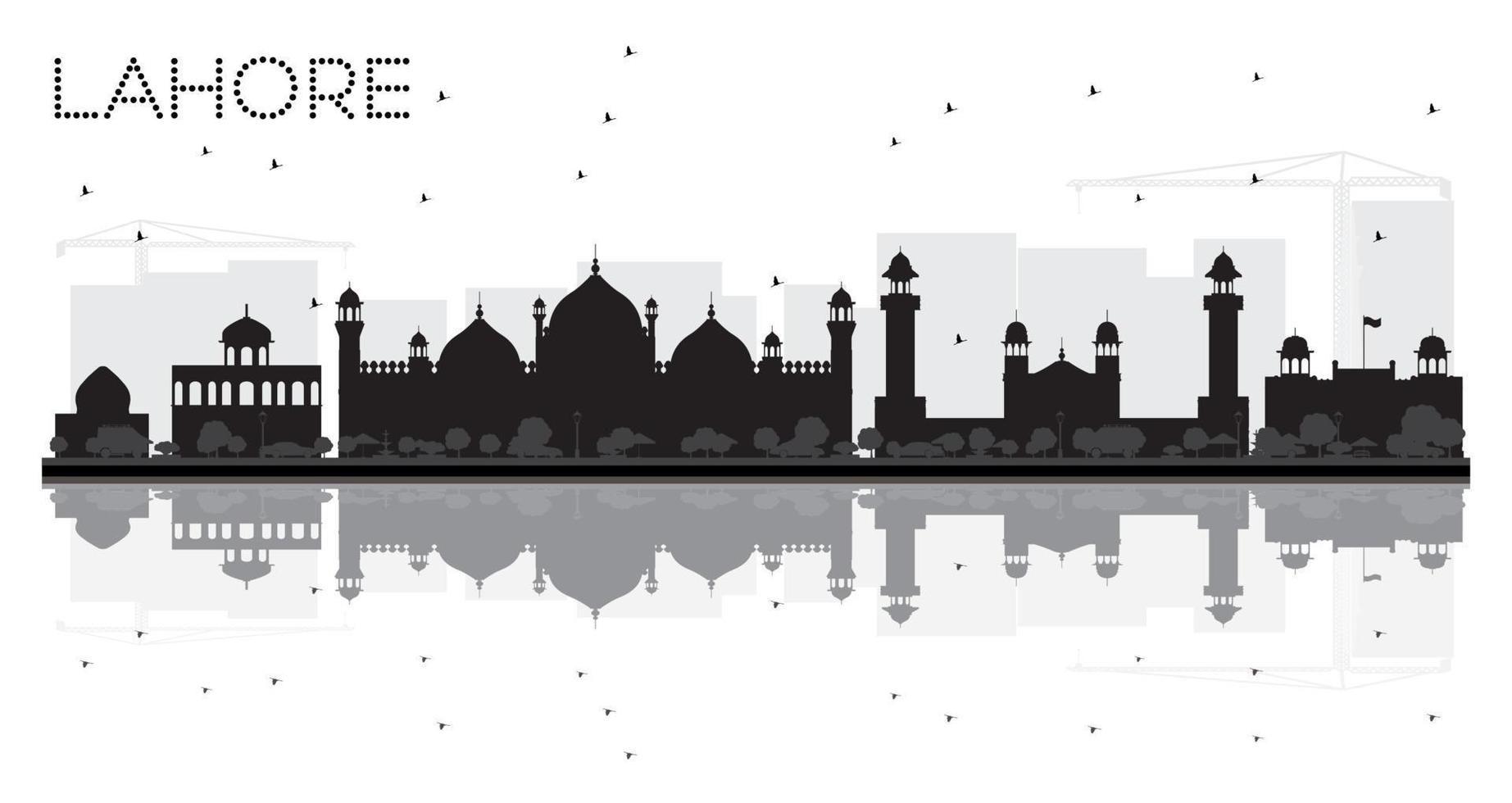 Lahore City skyline black and white silhouette with reflections. vector