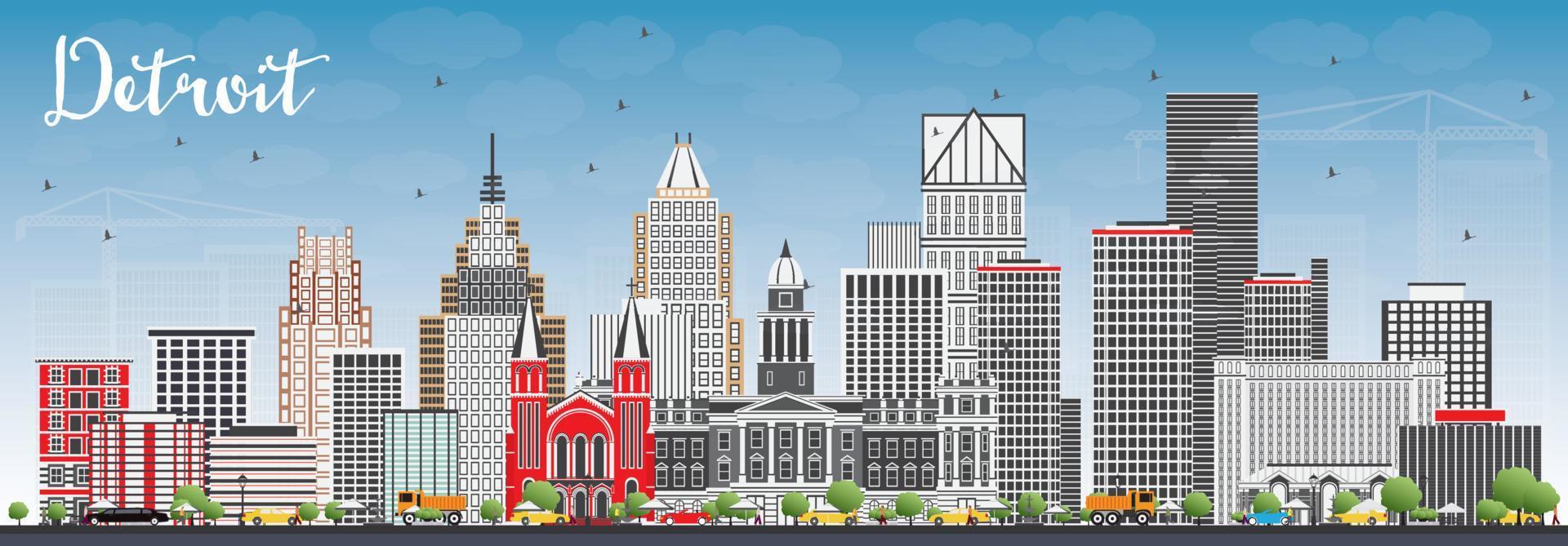Detroit Skyline with Gray Buildings and Blue Sky. vector