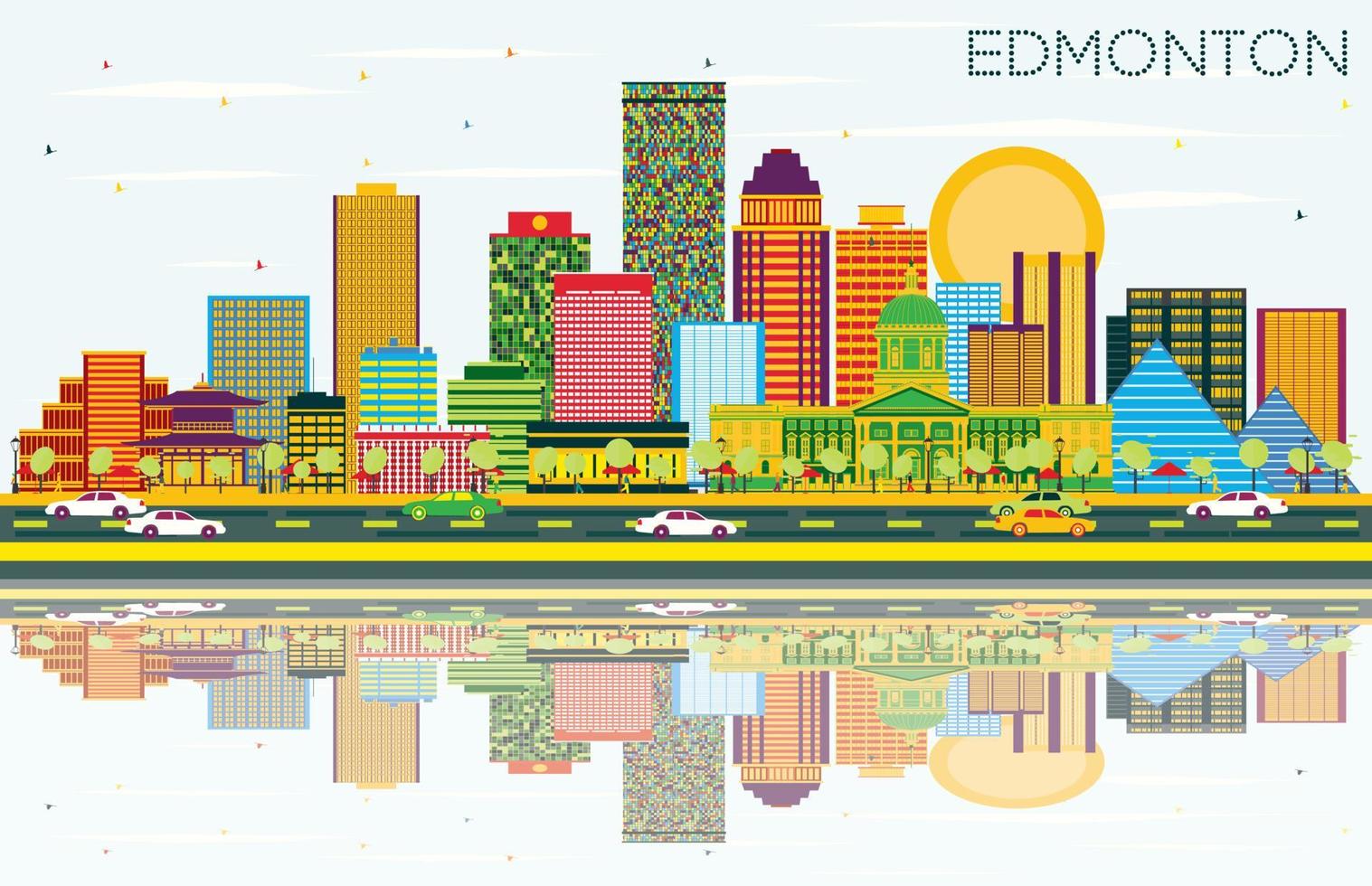 Edmonton Skyline with Color Buildings, Blue Sky and Reflections. vector