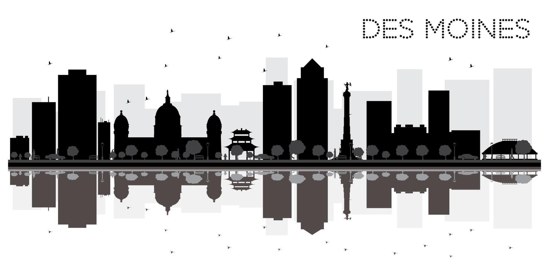 silueta en blanco y negro del horizonte de la ciudad de des moines con reflejos. vector