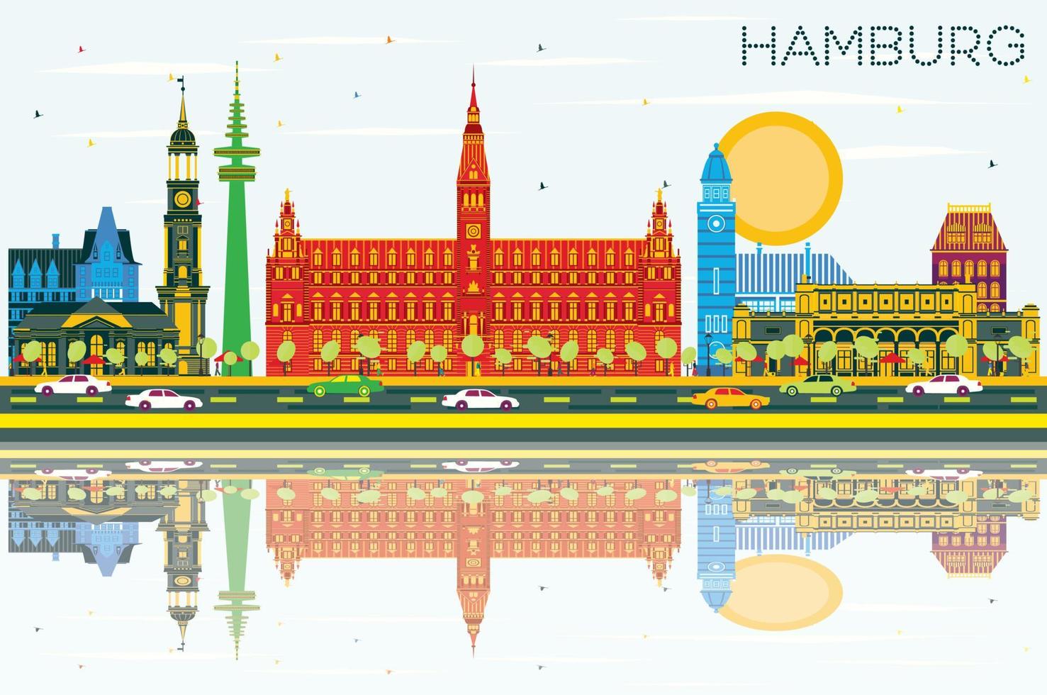 Hamburg Skyline with Color Buildings, Blue Sky and Reflections. vector