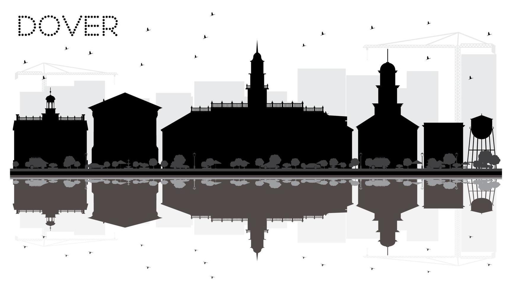 Dover City skyline black and white silhouette with reflections. vector