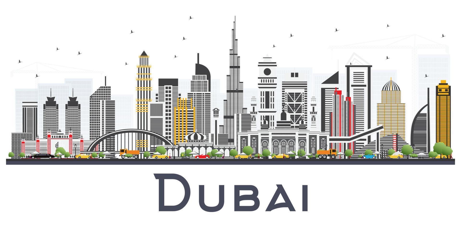 Dubai UAE Skyline with Gray Buildings Isolated on White Background. vector