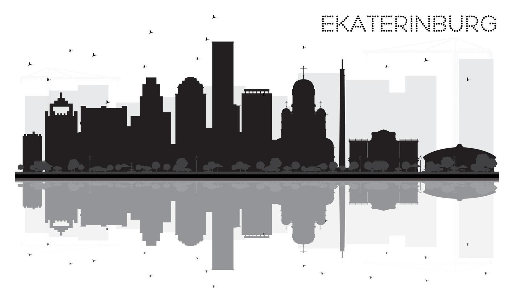 Yekaterinburg City skyline black and white silhouette with reflections. vector