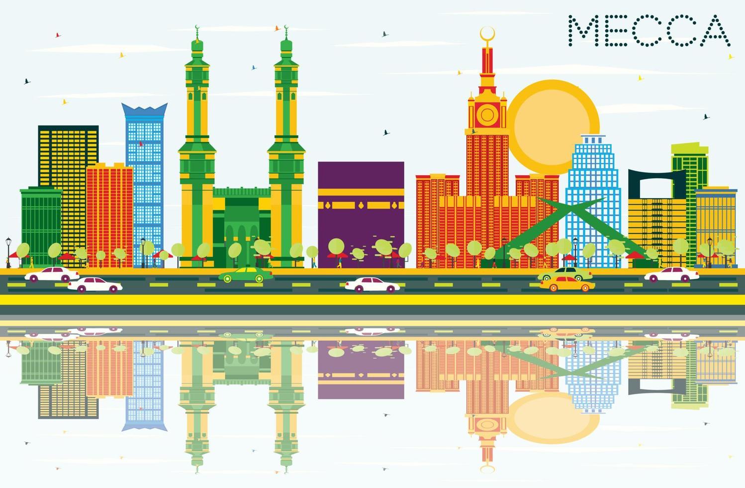 Mecca Skyline with Color Landmarks, Blue Sky and Reflections. vector