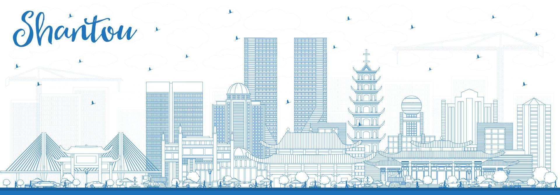 Outline Shantou China Skyline with Blue Buildings. vector