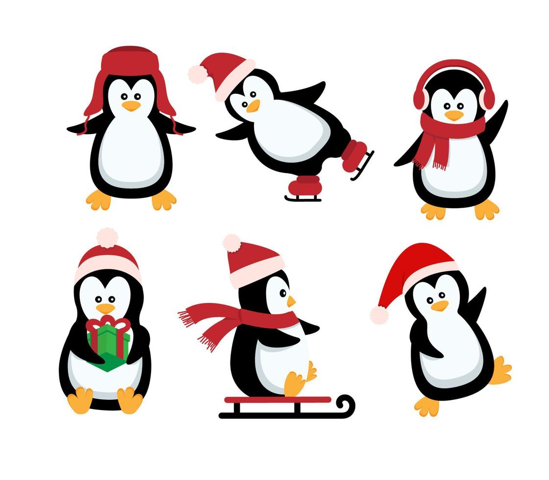 pingüino de navidad. divertidos animales de nieve, lindos personajes de dibujos animados de pingüinos bebé con sombrero de invierno. conjunto vectorial aislado de pingüino animal polar en bufanda roja e ilustración de sombrero vector