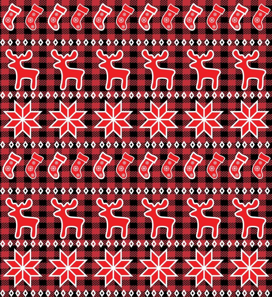 Buffalo plaid Christmas Jingle Bells on the background of the music page. Festive seamless pattern. Vector illustration.