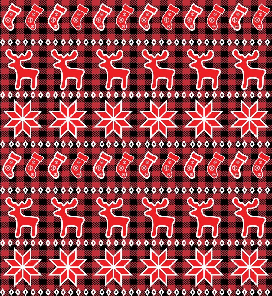 Buffalo plaid Christmas Jingle Bells on the background of the music page. Festive seamless pattern. Vector illustration.