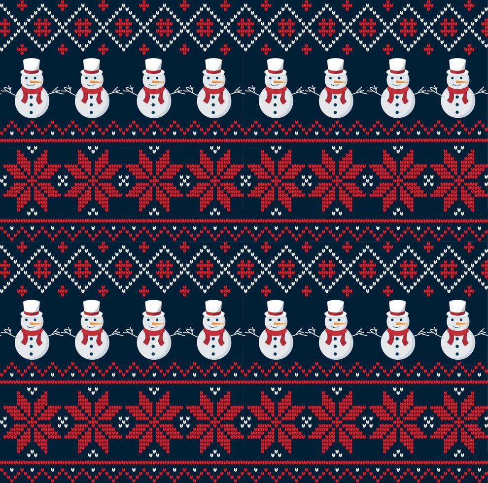 Knitted Christmas and New Year pattern in snowmen. Wool Knitting Sweater Design. Wallpaper wrapping paper textile print. Eps 10 vector
