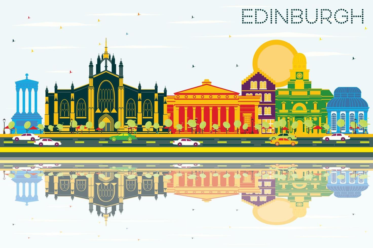 Edinburgh Scotland Skyline with Color Buildings, Blue Sky and Reflections. vector