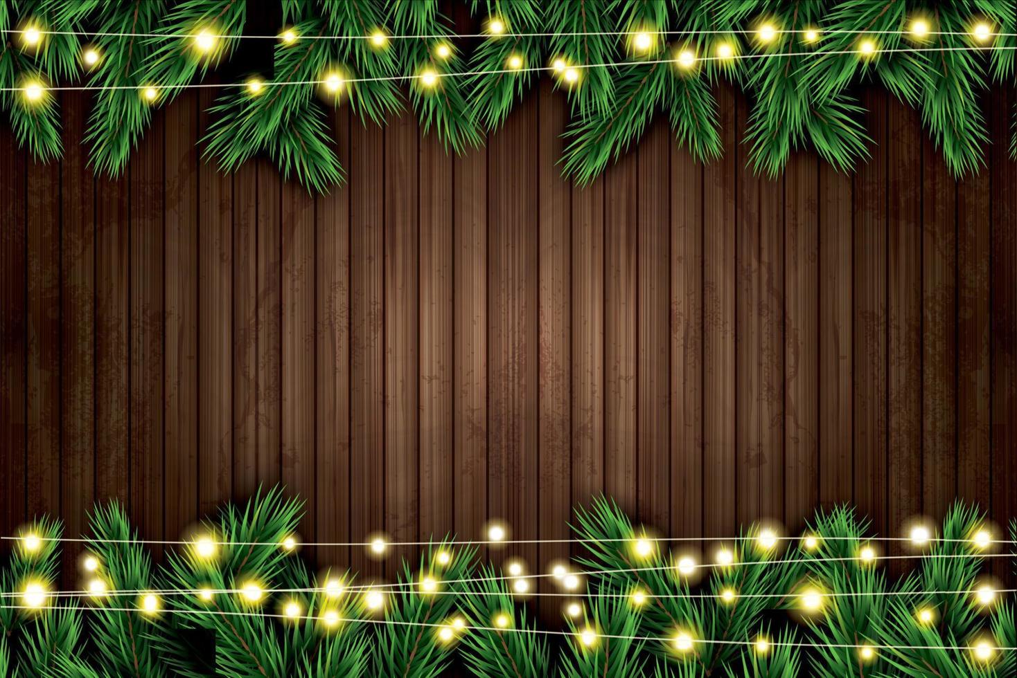 Fir Branch with Neon Lights on Wooden Background. vector