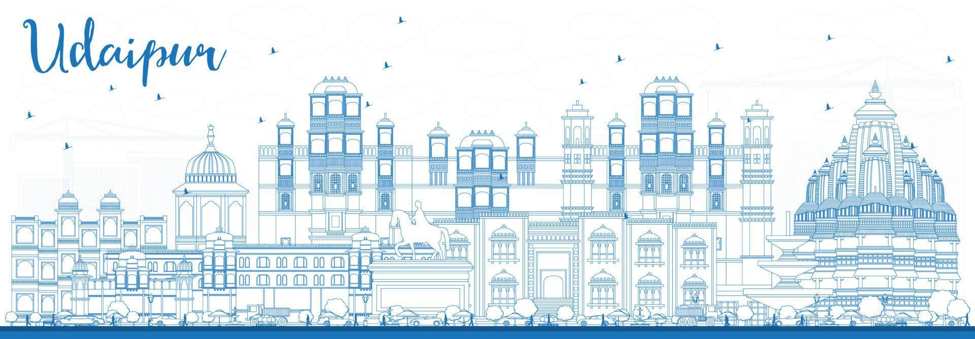 Outline Udaipur Skyline with Blue Buildings. vector