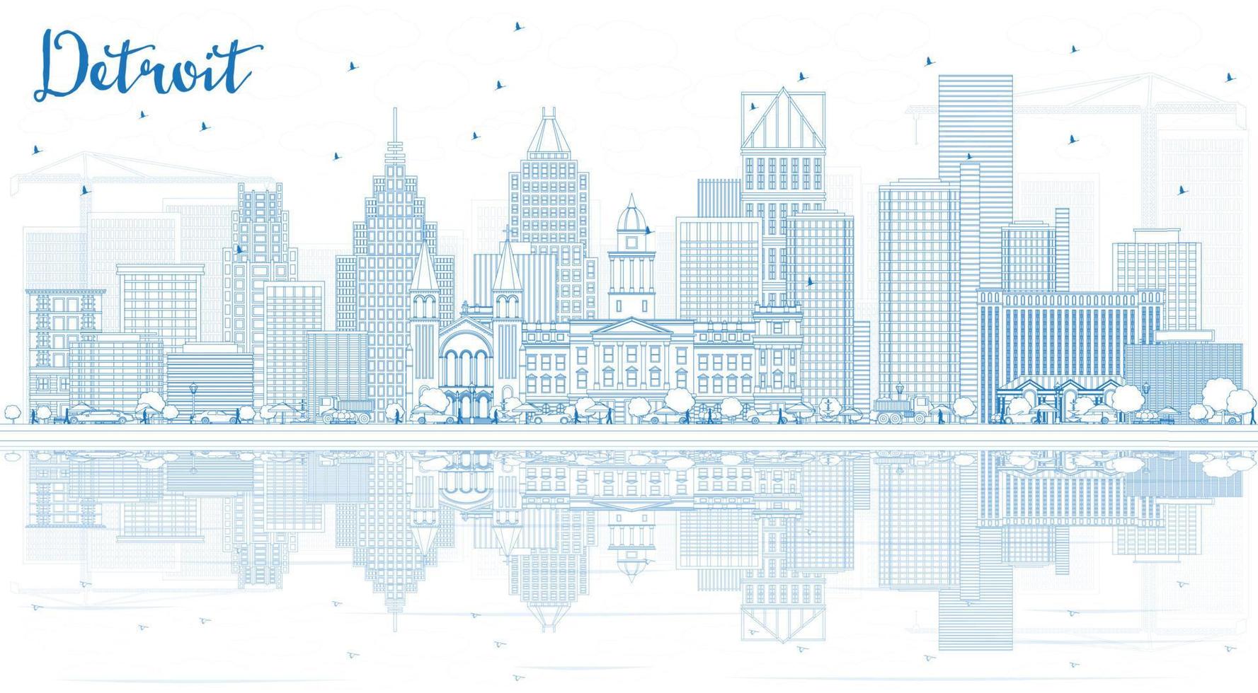 Outline Detroit Skyline with Blue Buildings and Reflections. vector