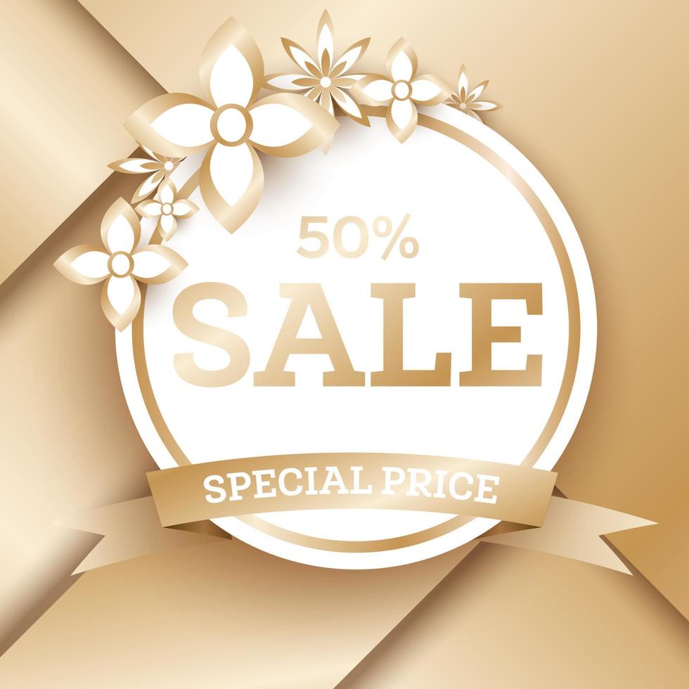 Sale Golden Banner Template with Flowers and Copy Space. vector