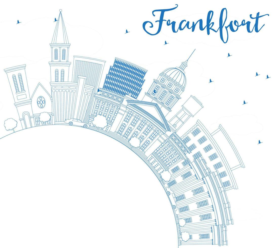 Outline Frankfort Skyline with Blue Buildings and Copy Space. vector