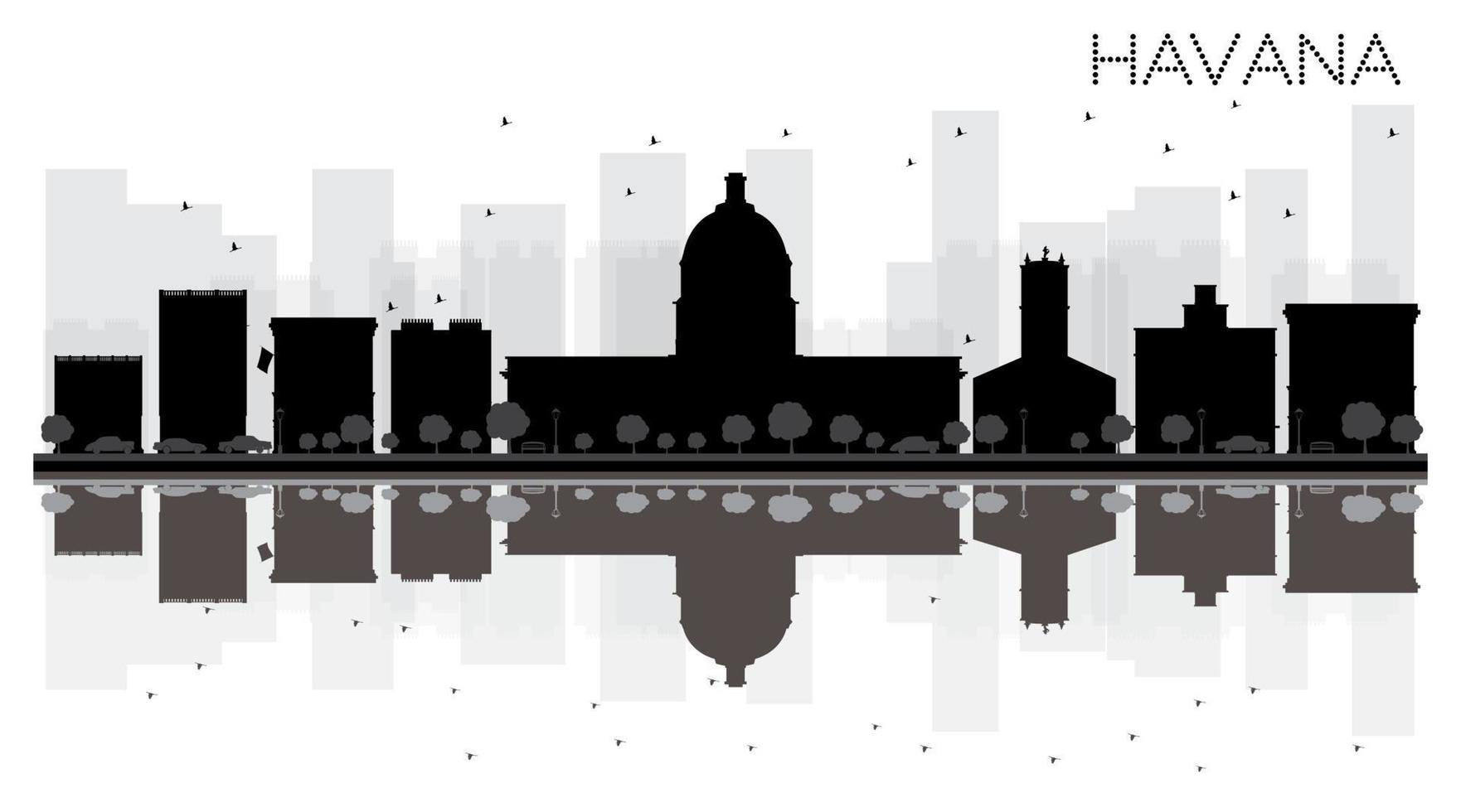 silueta en blanco y negro del horizonte de la ciudad de la habana con reflejos. vector