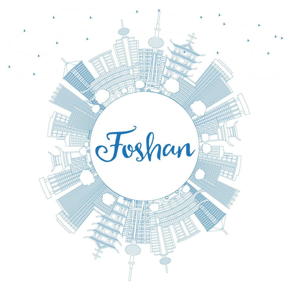 Outline Foshan Skyline with Blue Buildings and Copy Space. vector