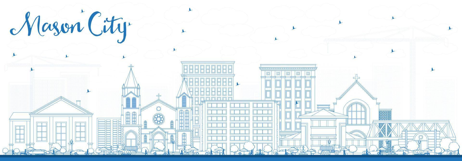 Outline Mason City Iowa Skyline with Blue Buildings. vector