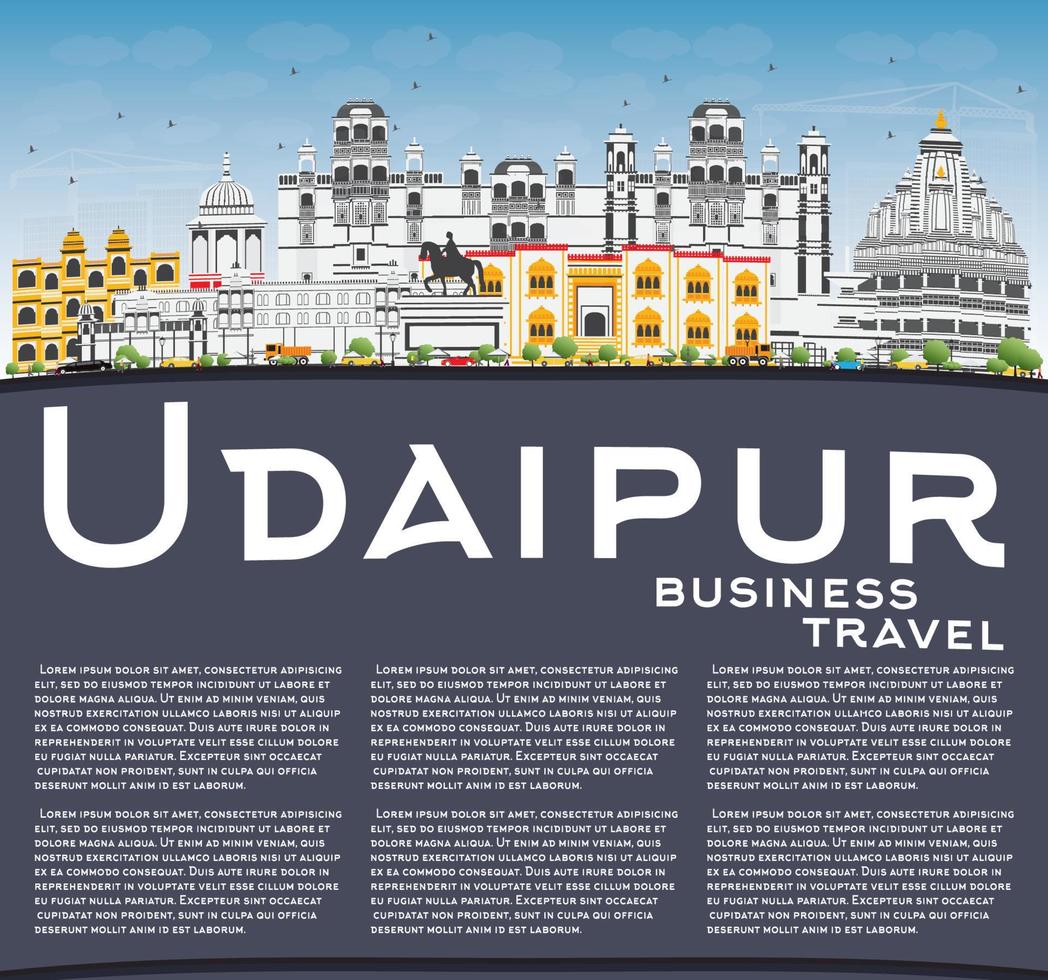 horizonte de udaipur con edificios de color, cielo azul y espacio de copia. vector