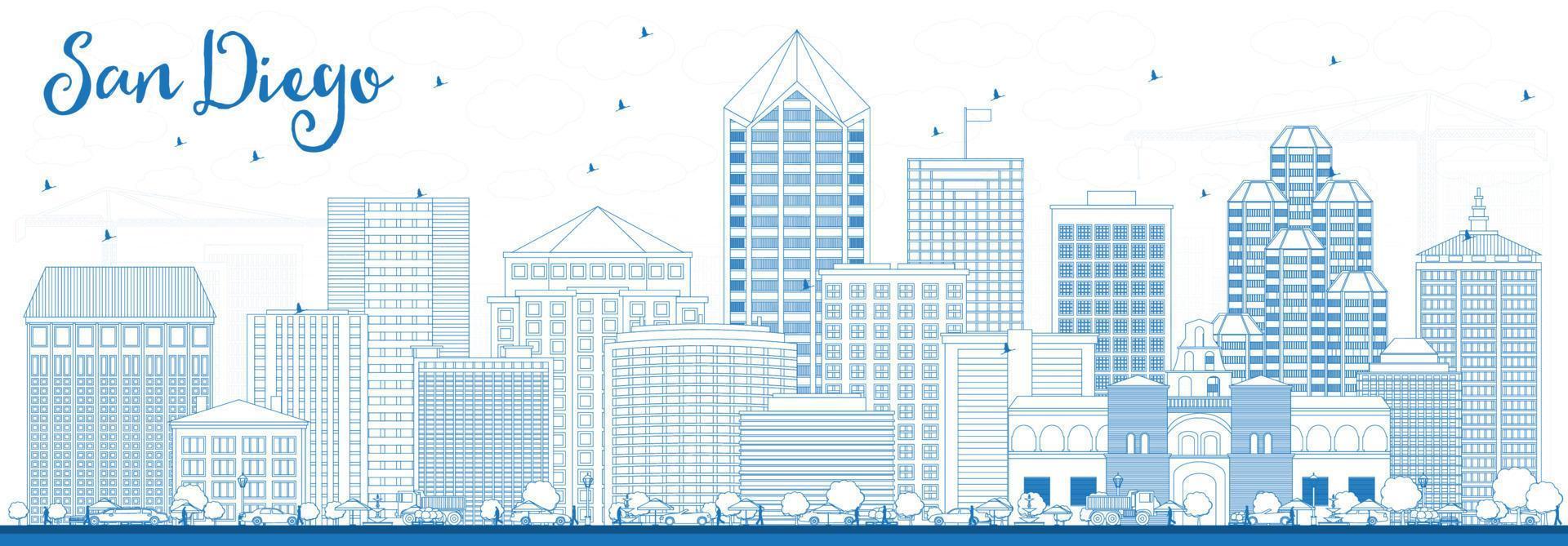 Outline San Diego Skyline with Blue Buildings. vector