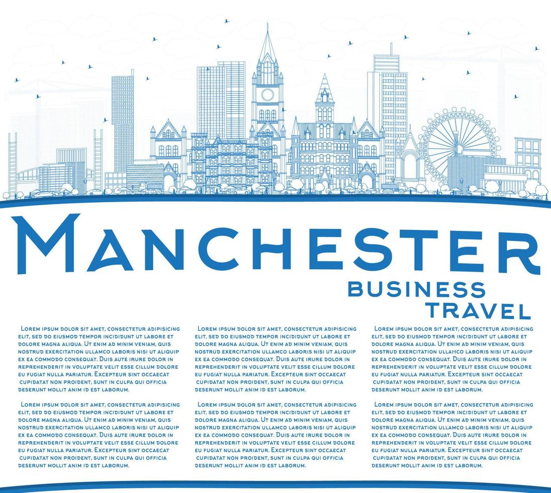 Outline Manchester Skyline with Blue Buildings and Copy Space. vector