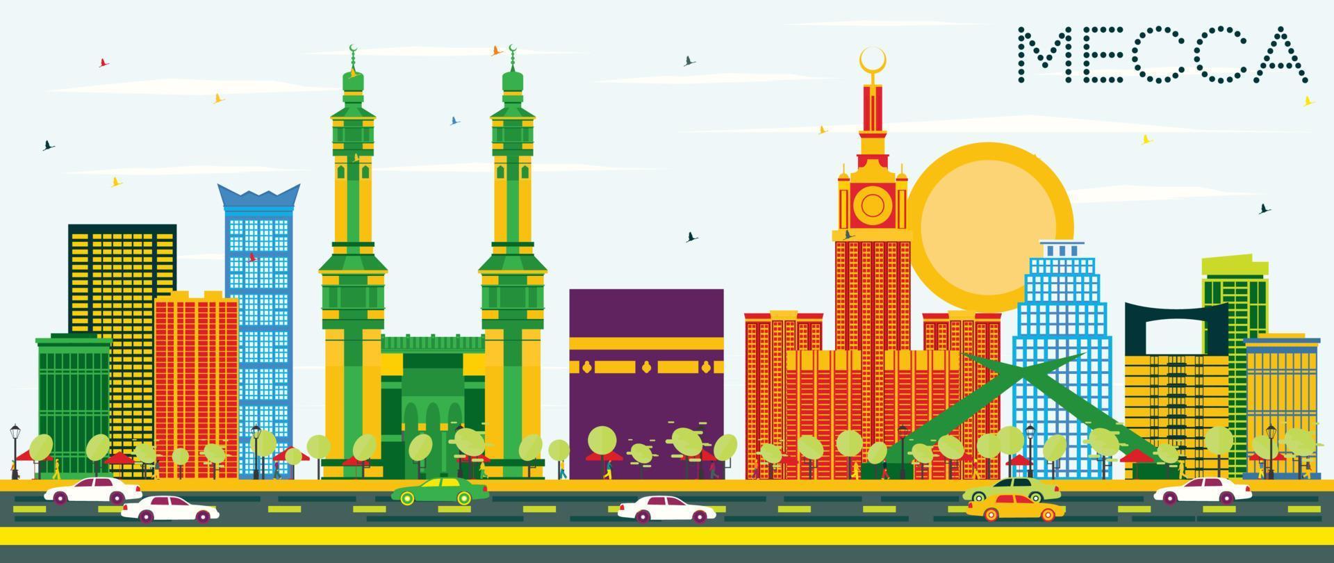 Mecca Skyline with Color Landmarks and Blue Sky. vector