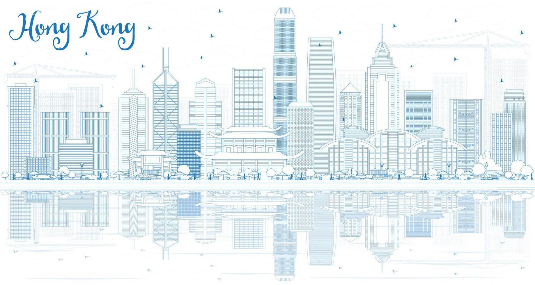 Outline Hong Kong Skyline with Blue Buildings and Reflections. vector