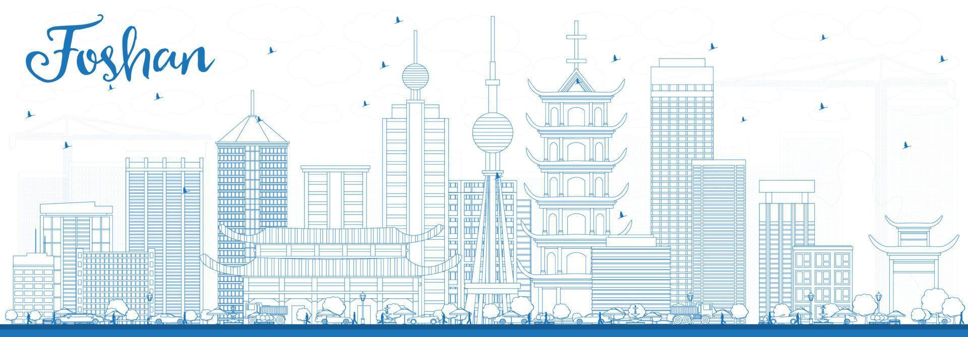 Outline Foshan Skyline with Blue Buildings. vector