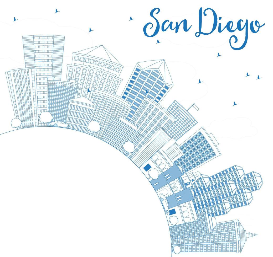Outline San Diego Skyline with Blue Buildings and Copy Space. vector