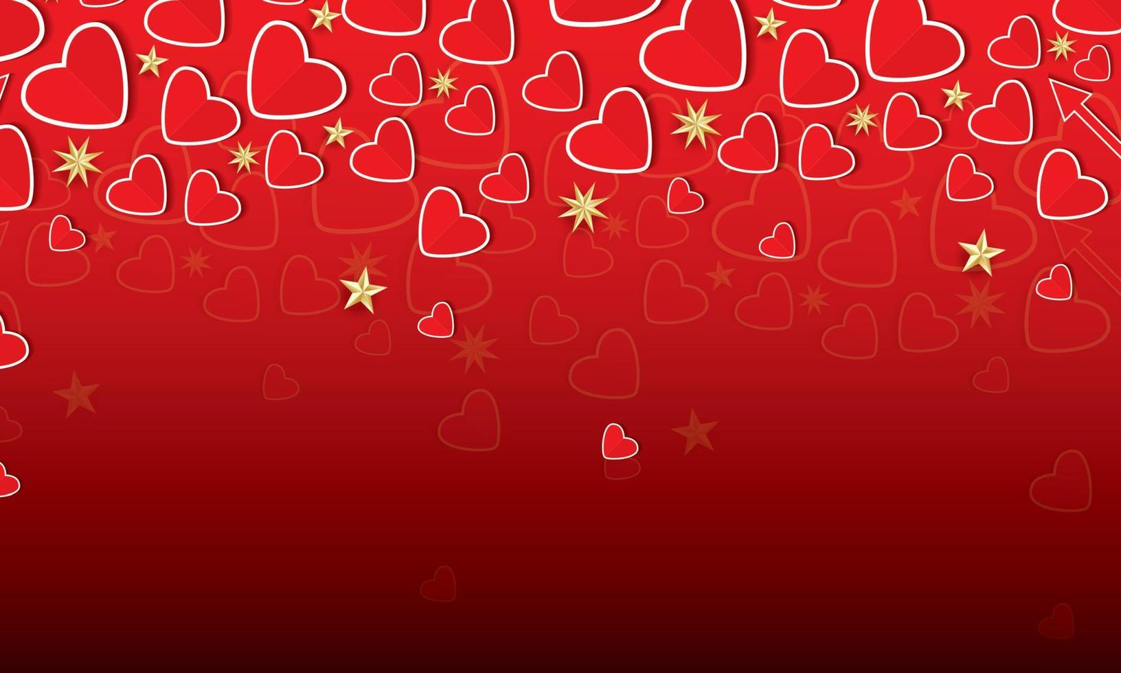 tarjeta de san valentín con corazones rojos y estrellas doradas. vector