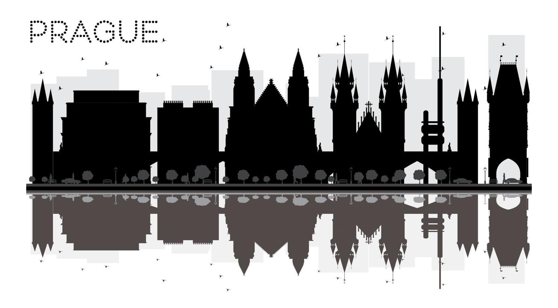 Prague City skyline black and white silhouette with reflections. vector