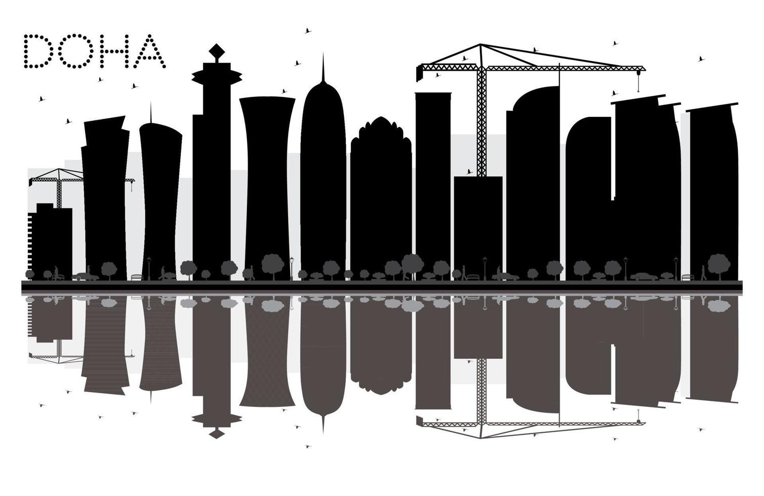 silueta en blanco y negro del horizonte de la ciudad de doha con reflejos. vector