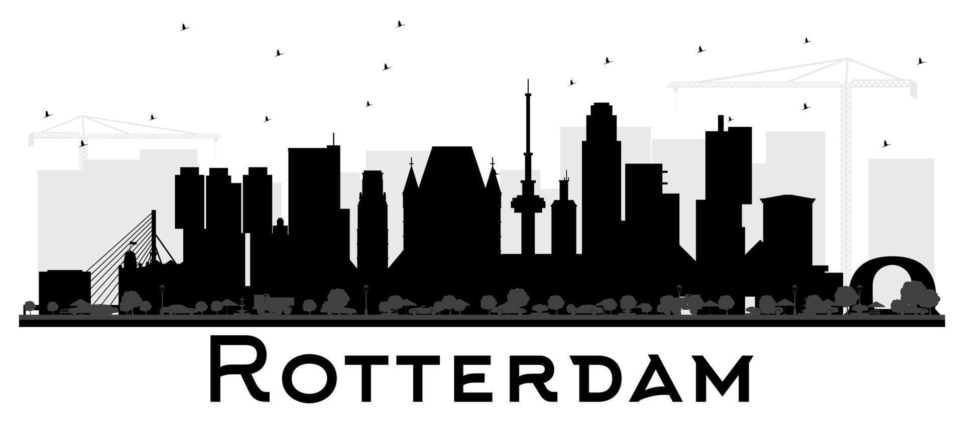 Rotterdam Netherlands skyline black and white silhouette. vector