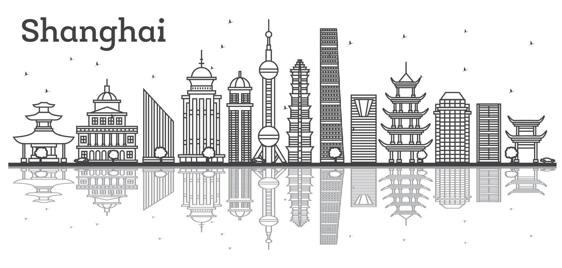 Outline Shanghai Skyline with Modern Buildings and Reflections. vector