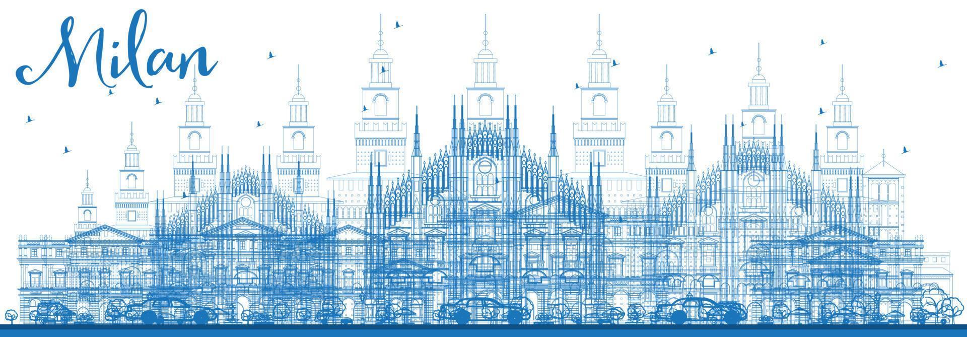 Outline Milan Skyline with Blue Landmarks. vector