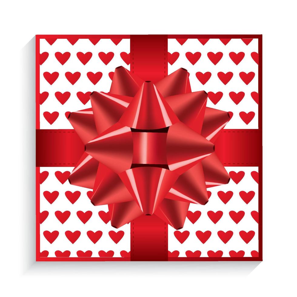 Gift Box with Red Bow, Ribbon and Hearts. vector