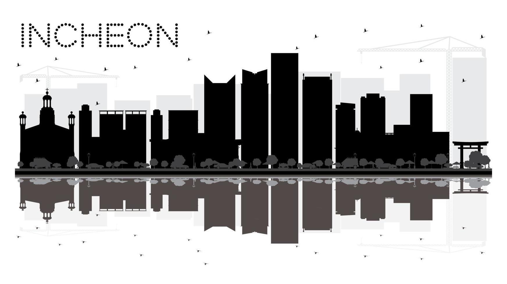 Incheon City skyline black and white silhouette with reflections. vector